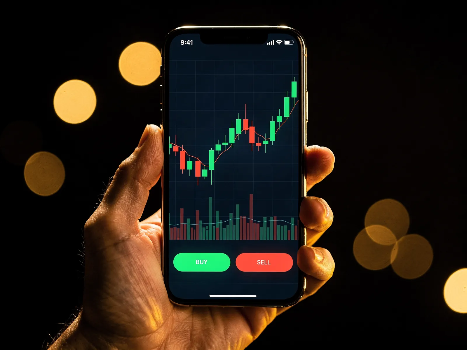Celular com gráfico de velas verdes e vermelhas recebendo alerta de preço