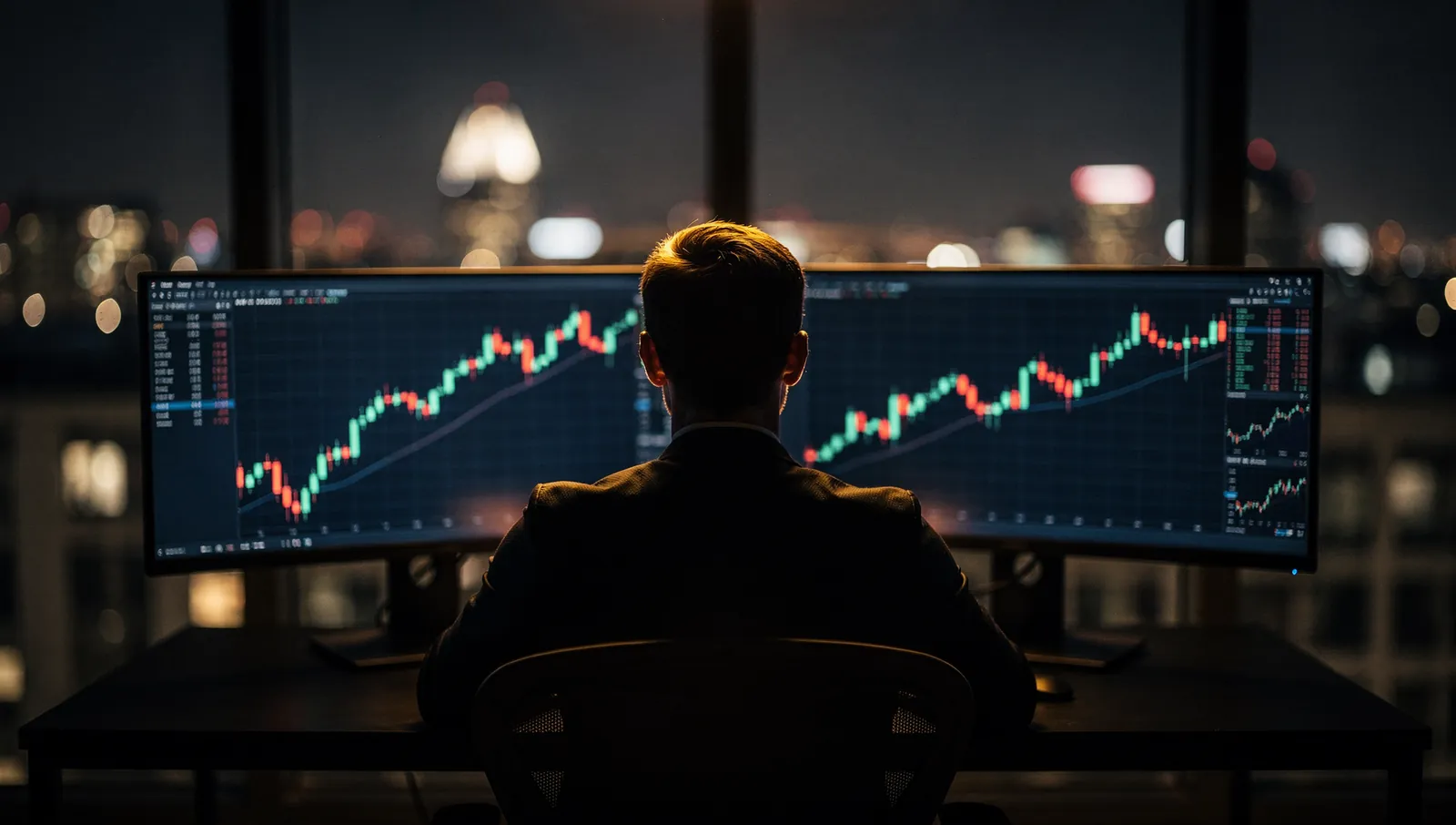 Trader fazendo day trade à noite diante de dois monitores